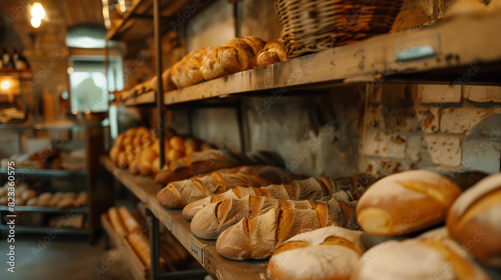 A bakery with a window and a display case full of bread. Scene is cozy and inviting A bakery with a window and a display case full of bread. Scene is cozy and inviting