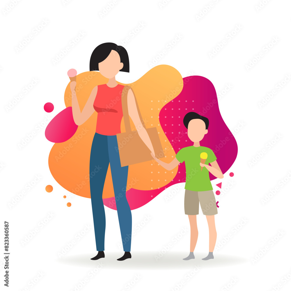 Mother and son eating ice-cream. Female and male cartoon character having fun. Family concept. Vector illustration can be used for topics like entertainment, leisure, food