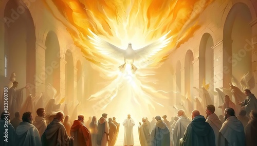 Pentecost, Jesus and believers in ancient churches photo