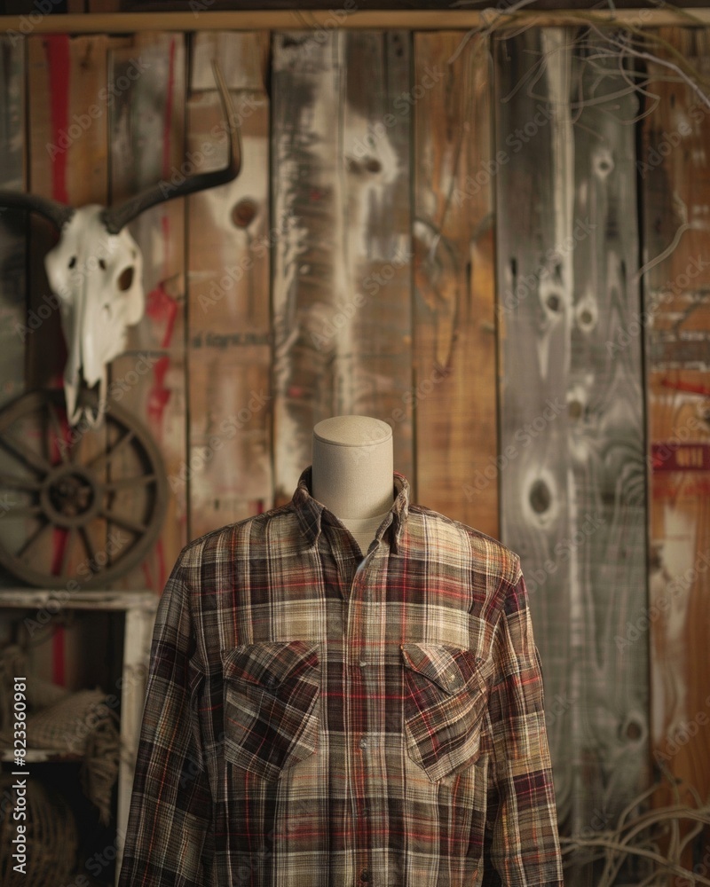 Mannequin in Plaid Shirt Against Rustic Backdrop
Mannequin in Plaid Shirt Against Rustic Backdrop
