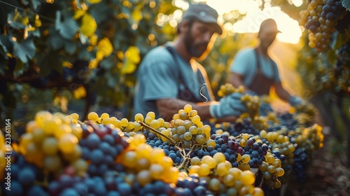 An evocative image of vineyard workers harvesting grapes at sunset, showcasing the golden light casting over the grapevines photo