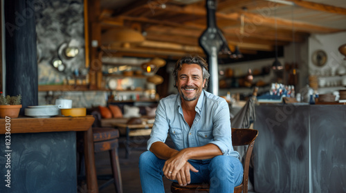 Handsome man with fine hair smile and sitting in chair