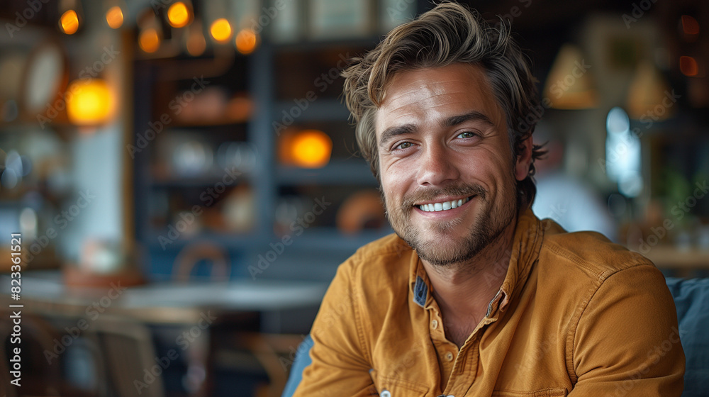 Handsome man with fine hair smile and sitting in chair Handsome man with fine hair smile and sitting in chair