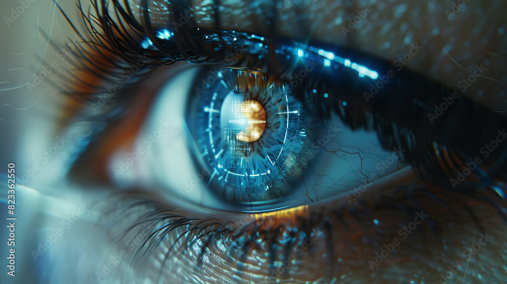 Closeup side view of female eye with advanced technology contact lens. Closeup side view of female eye with advanced technology contact lens.