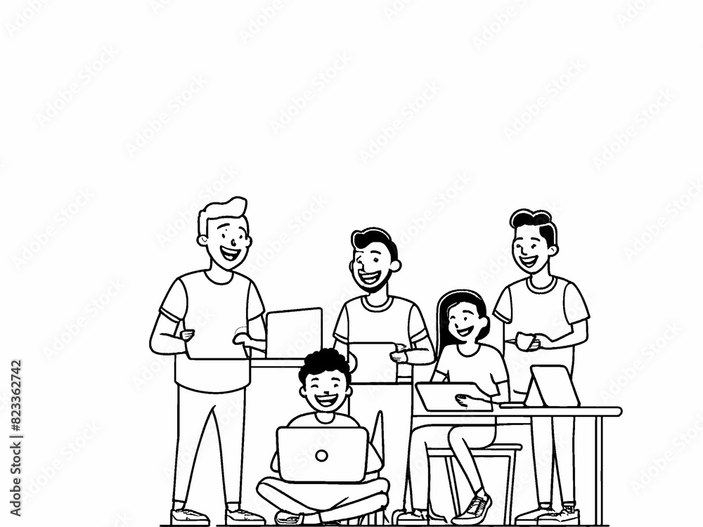 group of people with laptop line art