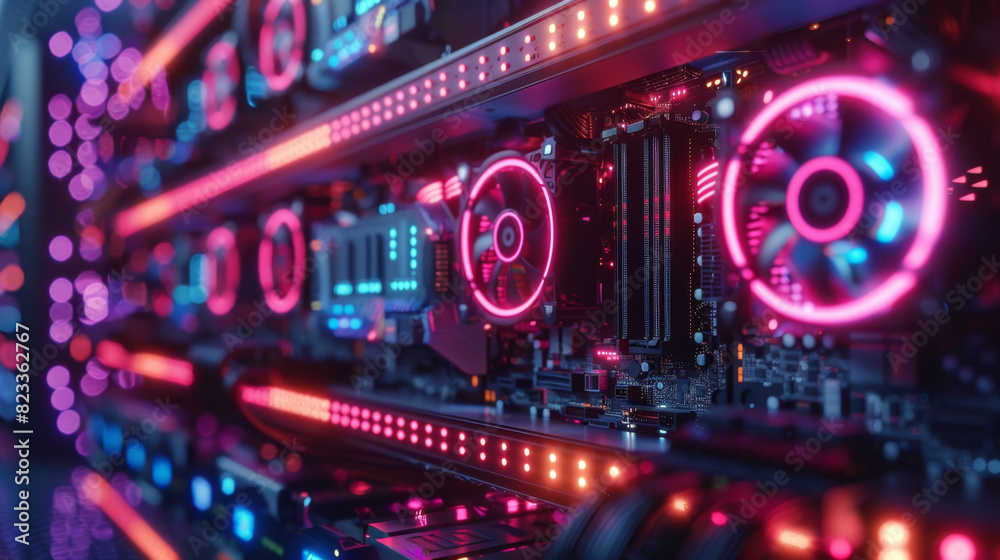 High-tech mining setup with powerful graphic cards and cooling systems, illuminated by neon lights.