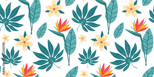 Seamless pattern with tropical leaves and flowers in simple design. Summer pattern with exotic plants for fabric and wallpaper. Flat vector illustration.
