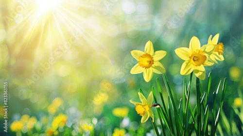 Bright sunlight shining over vibrant yellow daffodils in spring meadow