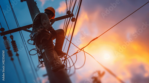 An electrician working on electric pole  photo