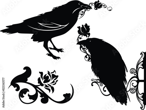 raven birds holding rose flower in beaks with floral decor - mystical animal black and white vector silhouette design set