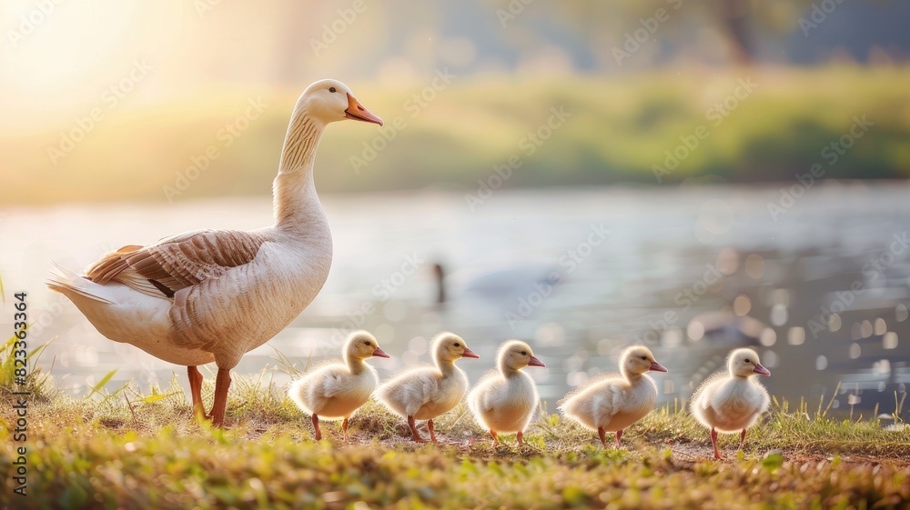 Mother duck with ducklings by lake at sunset Mother duck with ducklings by lake at sunset