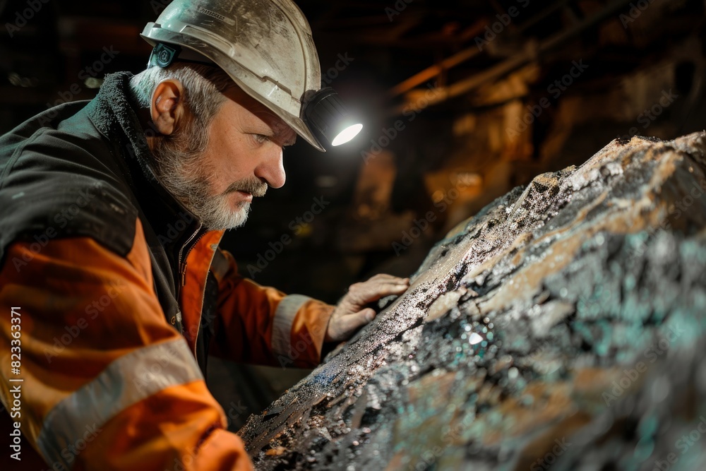 Serious miner with helmet light inspecting ore body in the dark underground mine for extraction Serious miner with helmet light inspecting ore body in the dark underground mine for extraction