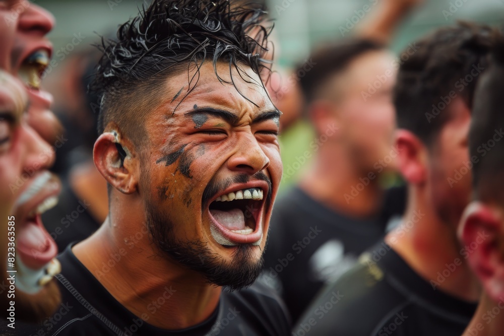 A rugby player with fierce face paint performs the traditional Maori haka with deep emotion A rugby player with fierce face paint performs the traditional Maori haka with deep emotion