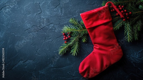 Red Christmas stocking hanging with greenery on blue textured background photo