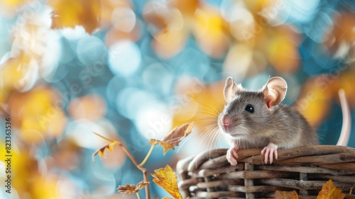 Grey rat perched on edge of basket, colorful blurred background