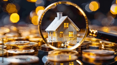 Magnifying Glass Focusing on Model House and Gold