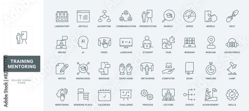 Guidance, coach workshop to help and teach students improve potential skills thin black and red outline symbols, vector illustration. Training, mentor and business expert advices line icons set