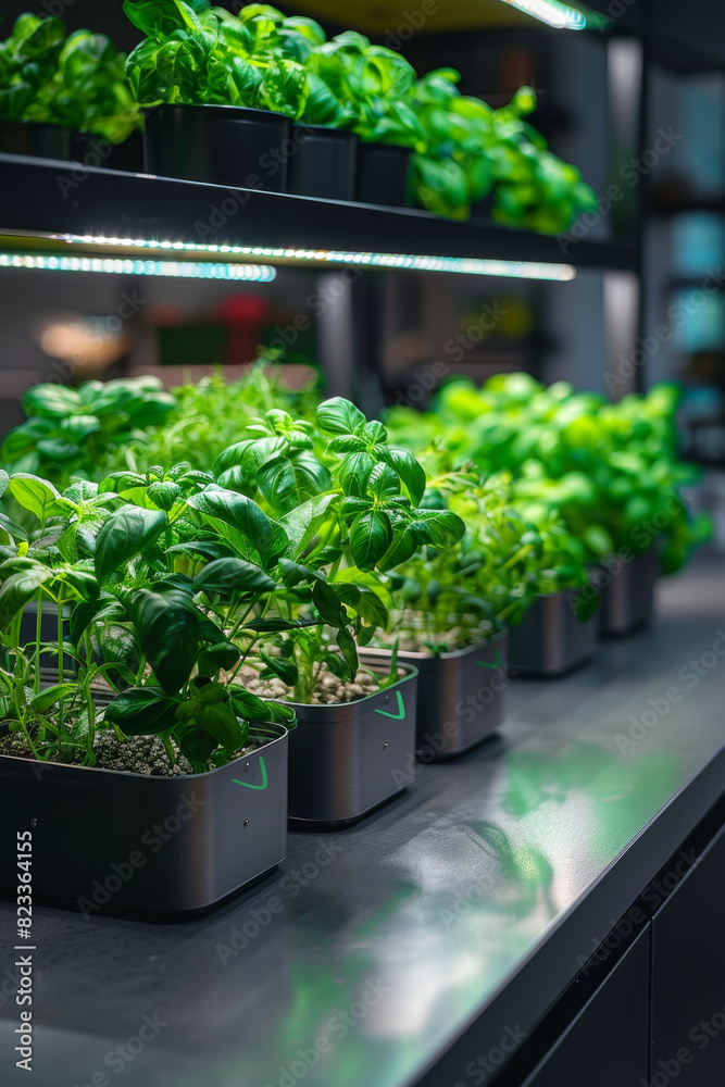 LED grow lights nurture basil, mint, and parsley in a water-based solution on countertop. LED grow lights nurture basil, mint, and parsley in a water-based solution on countertop.