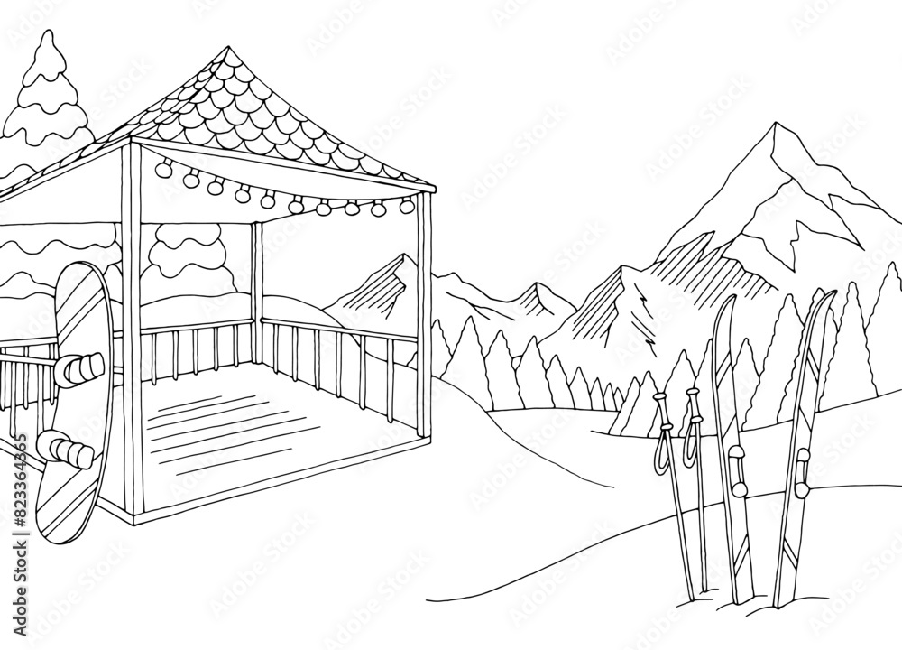 Mountain gazebo graphic black white landscape sketch illustration vector 