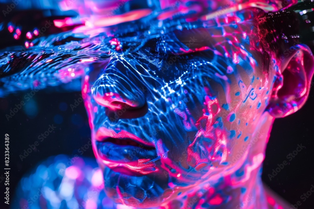 Stunning underwater portrait with neon lighting and striking water reflections Stunning underwater portrait with neon lighting and striking water reflections