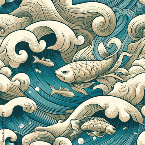 seamless pattern wave and fish