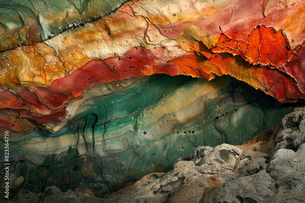 Naklejka premium Detailed image of colorful stratified rock formations inside a cave, displaying a spectrum of hues and textures