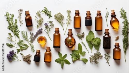 There are several brown glass bottles of essential oils and green sprigs of various herbs on a white surface. 