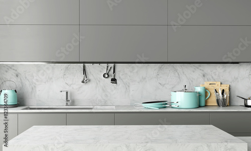 Front view of elegant interior with gray drawers under kitchen cabinet. empty stone table and marble countertop in room. modern equipment for cooking. well organized space for storage food products.