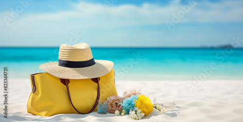 Beach vacation by the sea. Valentine bag with sun hat on the beach.