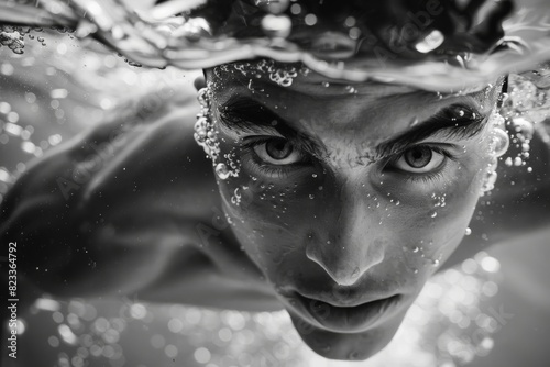 A person's face obscured by a gray square with water droplets surrounding them in a black and white image