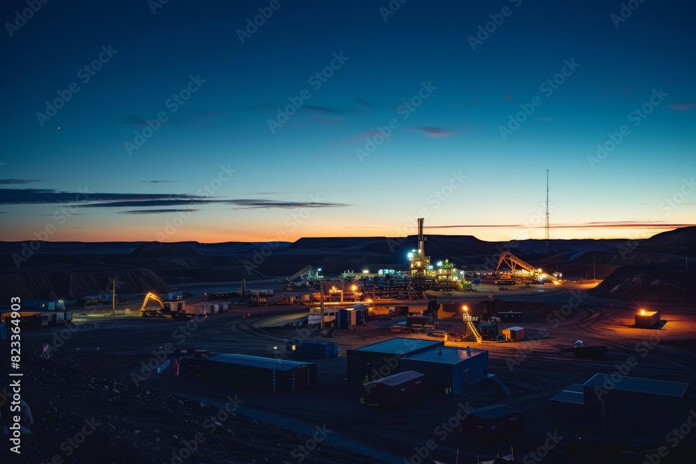 Industrial mining complex stands against the backdrop of a blue hour sky, illuminated by numerous lights providing a sense of activity
