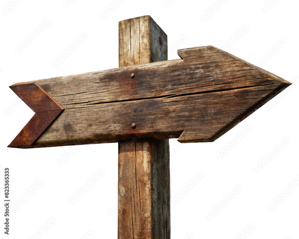 Naklejka premium Vintage Wooden Road Sign with Arrow Isolated on White Transparent Background. Vintage wooden road sign featuring an arrow pointing to the right, png element
