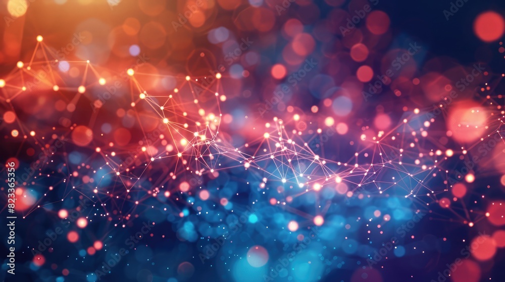 Fototapeta premium Network of nodes and lines on dark background, symbolizing internet data extraction with flowing digital particles. Data mining visualization