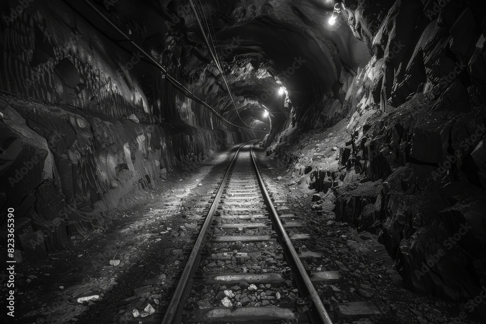 Naklejka premium Monochrome image that brings an intense focus to the light at the end of a foreboding mine tunnel with railway tracks