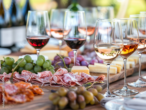An elegant wine tasting event with a selection of red, white, and rose wines in wine glasses, accompanied by cheese and charcuterie boards, set on a long wooden table with vineyard viewsClose-up