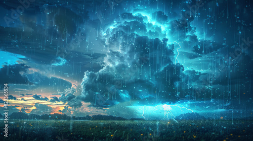 A conceptual image showing a mix of radar data and storm elements, with rain clouds and lightning seamlessly integrated into a digital landscape