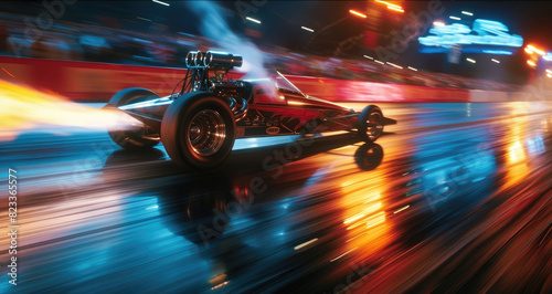Dragster car at the start of the race with fire and smoke behind the car