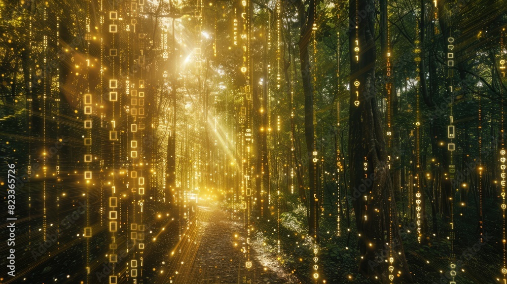 Enchanted forest with data streams illustrates the fusion of nature and technology in data mining. Data mining visualization Enchanted forest with data streams illustrates the fusion of nature and technology in data mining. Data mining visualization