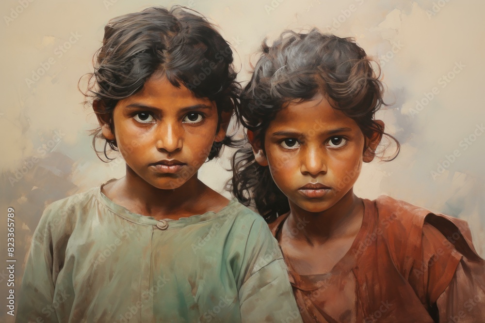 Oil painting of two young girls with profound expressions and earthy tones Oil painting of two young girls with profound expressions and earthy tones