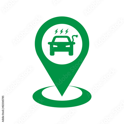 Electric car charging station location, map pin of recharging spot - vector sign.