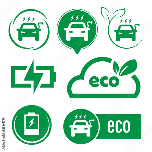 Eco electric car signs collection. Vector icons for electric vehicles and charging spots.