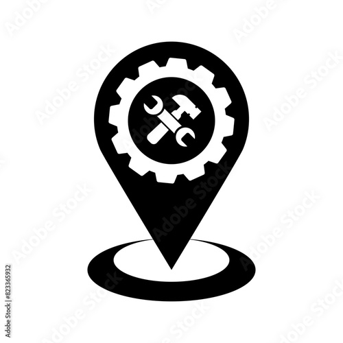Repair service vector location sign. Map pin with wrench and hammer.