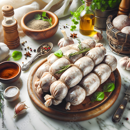 Sheftalia Sausage Traditional Dish with Herbs on Marble Counter photo