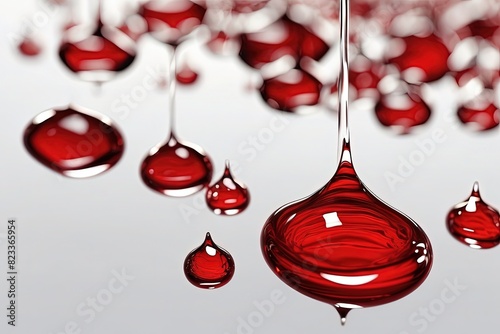 Drops of red water on a gray background. 3d rendering. Generative AI. © Waseem
