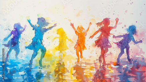 Watercolor illustration of exuberant children dancing with vibrant colors and fluid movements.