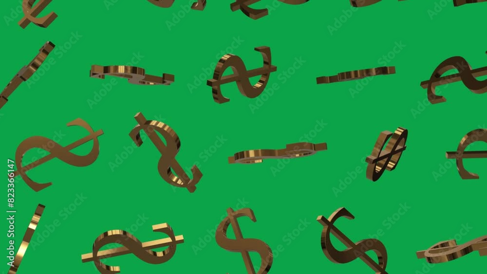 golden dollar sign symbol 3d shape falling loop animation on green screen chroma key background