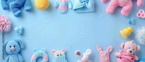 Adorable baby toys and clothes on pastel background.