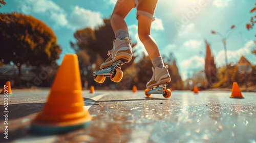 Energetic teenager rollerblading through cones in a sunny park.