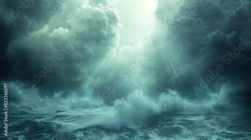 Sunrays piercing manipulated clouds dramatically light up stormy sea photo