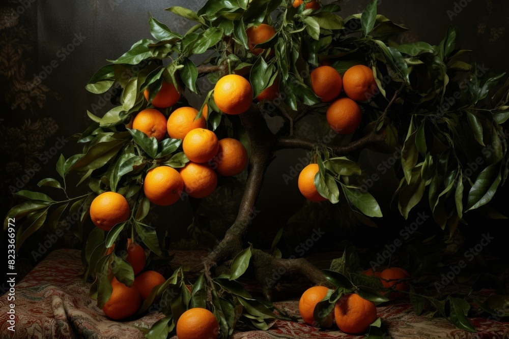 Vibrant oranges hang on a mature tree against a classic patterned background Vibrant oranges hang on a mature tree against a classic patterned background